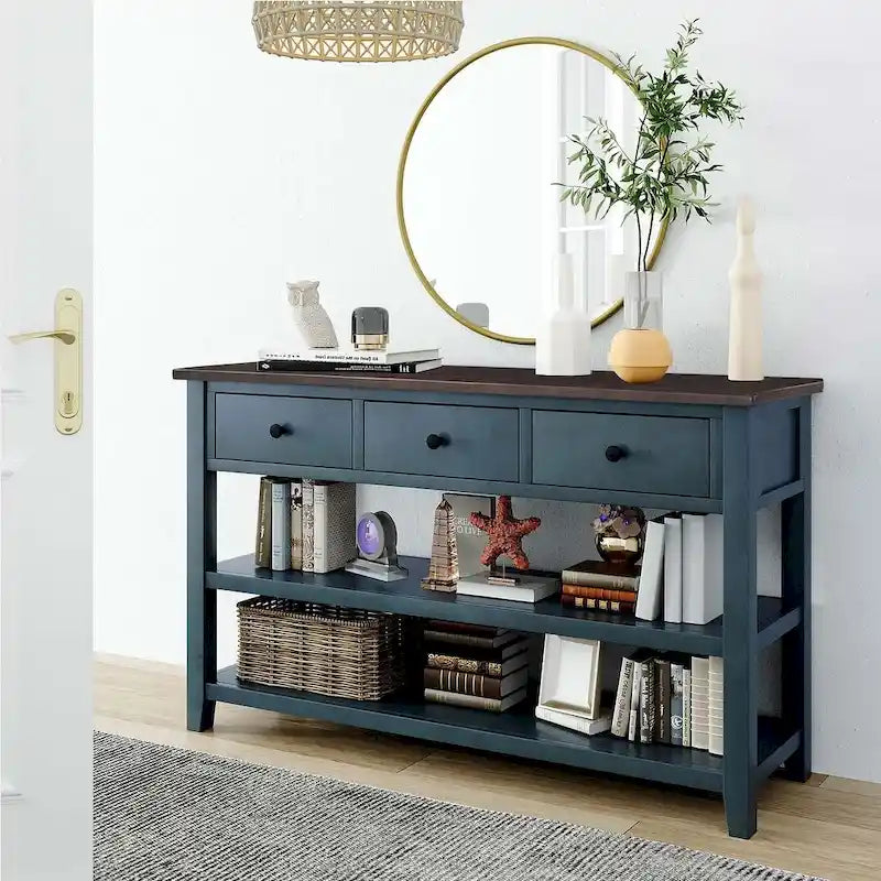 Solid Pine Wood Console Table 3 Drawers 2 Open Shelves Vintage Style