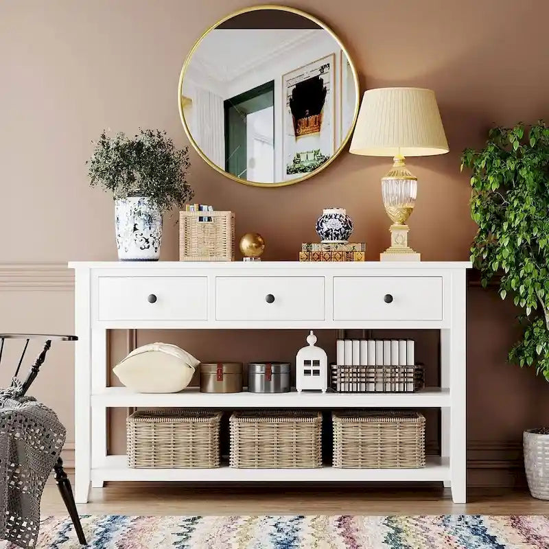 Solid Pine Wood Console Table 3 Drawers 2 Open Shelves Vintage Style