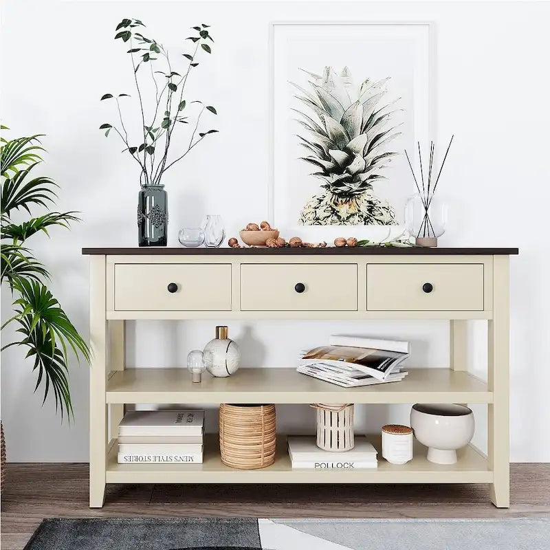 Solid Pine Wood Console Table 3 Drawers 2 Open Shelves Vintage Style