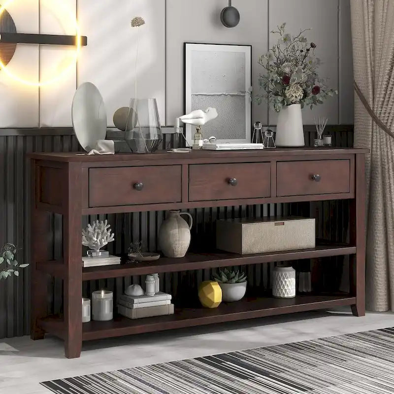 Solid Pine Wood Console Table 3 Drawers 2 Open Shelves Vintage Style