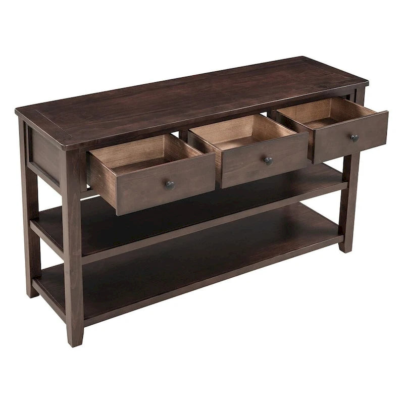 Solid Pine Wood Console Table 3 Drawers 2 Open Shelves Vintage Style