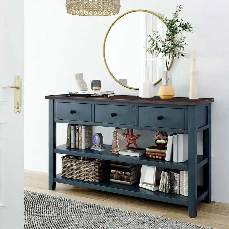 Solid Pine Wood Console Table 3 Drawers 2 Open Shelves Vintage Style