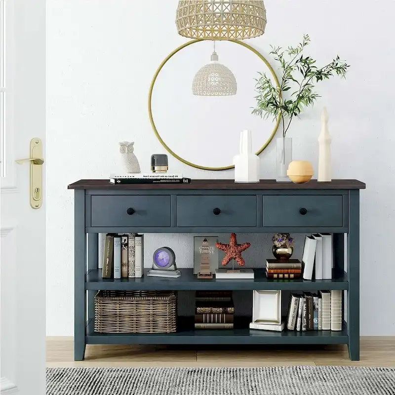 Solid Pine Wood Console Table 3 Drawers 2 Open Shelves Vintage Style