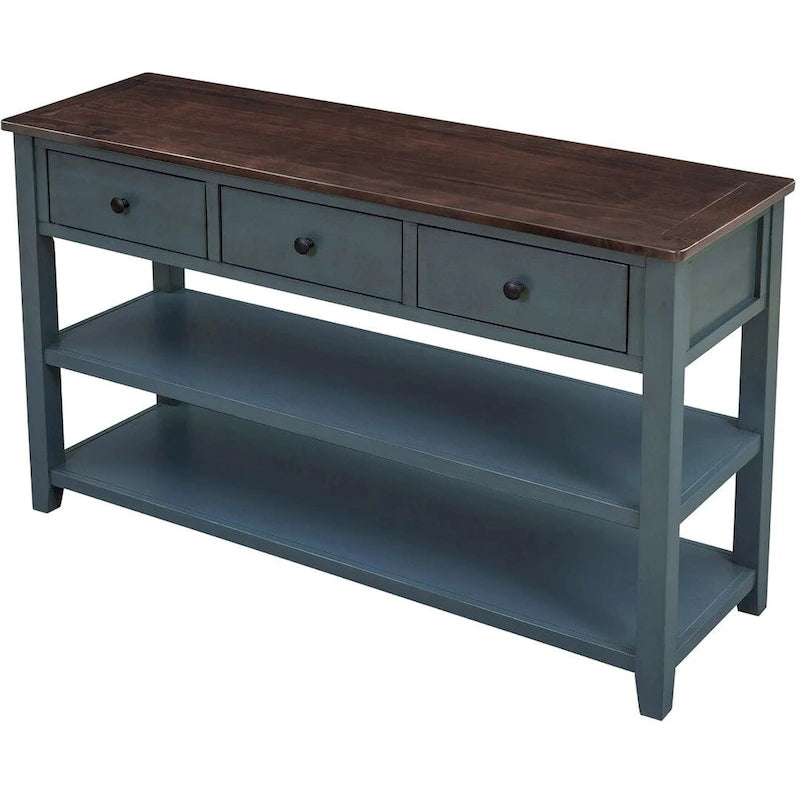 Solid Pine Wood Console Table 3 Drawers 2 Open Shelves Vintage Style