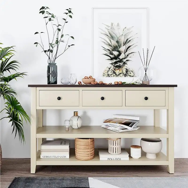 Solid Pine Wood Console Table 3 Drawers 2 Open Shelves Vintage Style