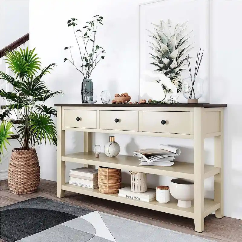 Solid Pine Wood Console Table 3 Drawers 2 Open Shelves Vintage Style