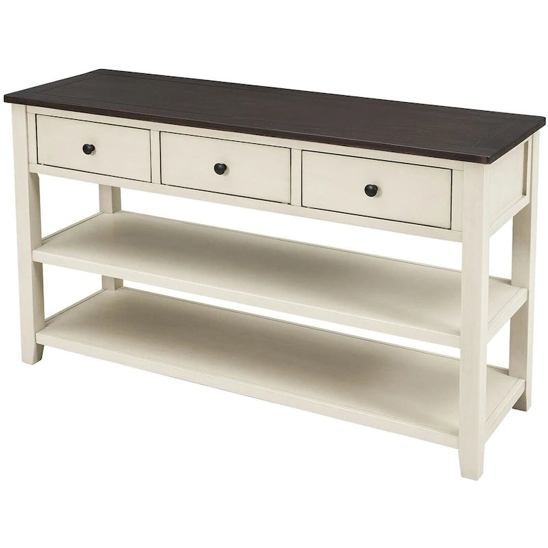 Solid Pine Wood Console Table 3 Drawers 2 Open Shelves Vintage Style