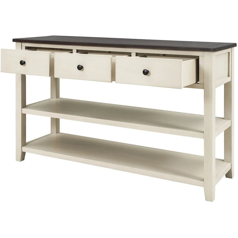 Solid Pine Wood Console Table 3 Drawers 2 Open Shelves Vintage Style