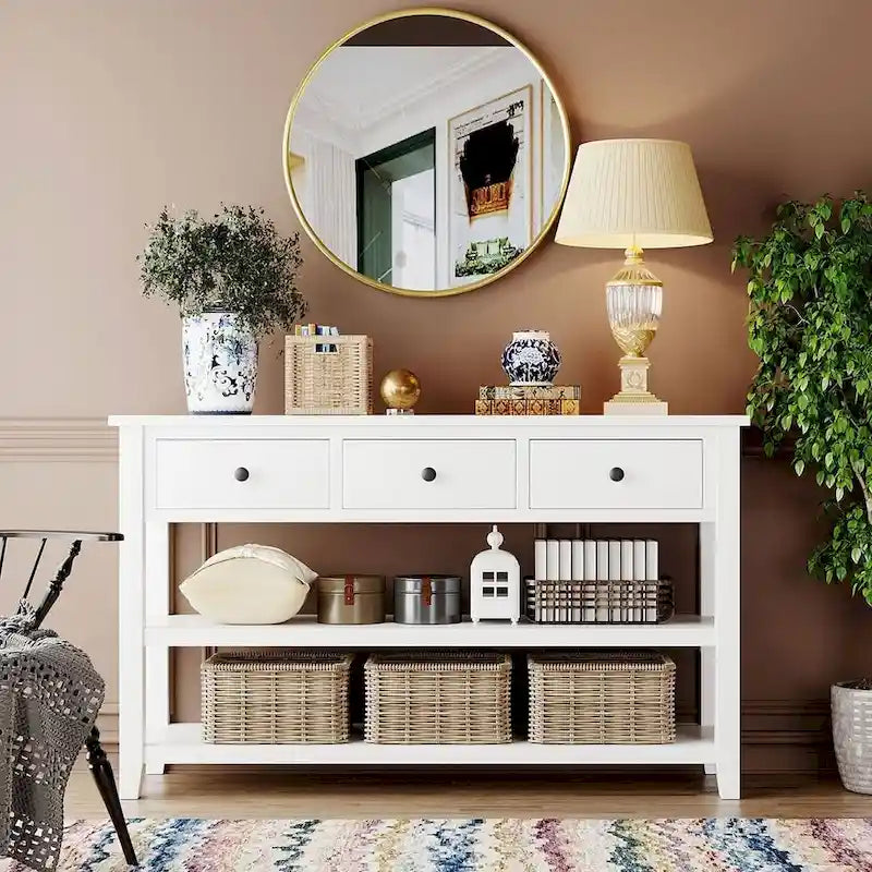 Solid Pine Wood Console Table 3 Drawers 2 Open Shelves Vintage Style