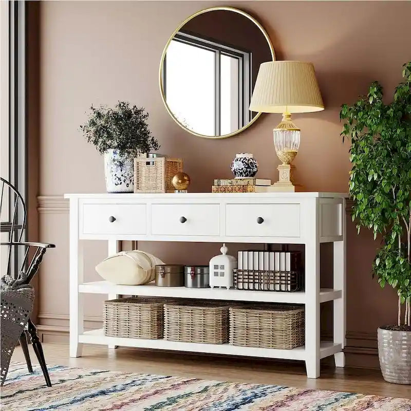 Solid Pine Wood Console Table 3 Drawers 2 Open Shelves Vintage Style