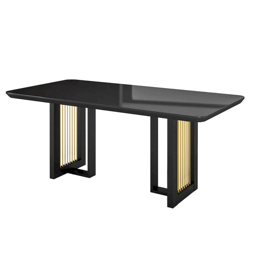 6-Seat Dining Table Black Tempered Glass Top Gold Accent Base 71 Inch