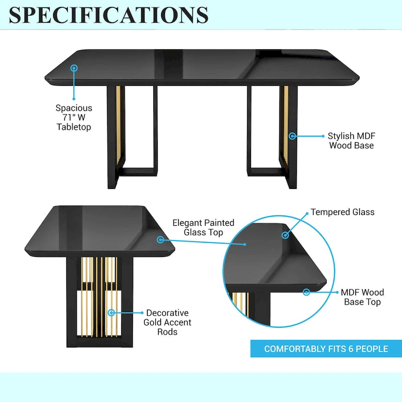 Glass top Luxury Black & Gold Dining Table for 6