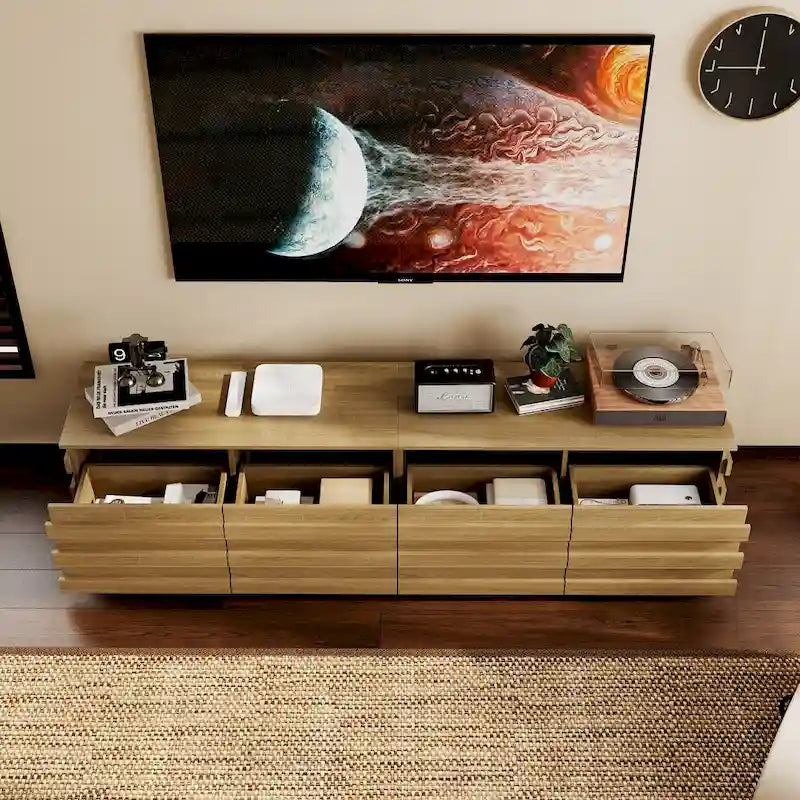 Low Profile TV Stand 8 Drawer Wood Grain Finish Minimalist Entertainment Center