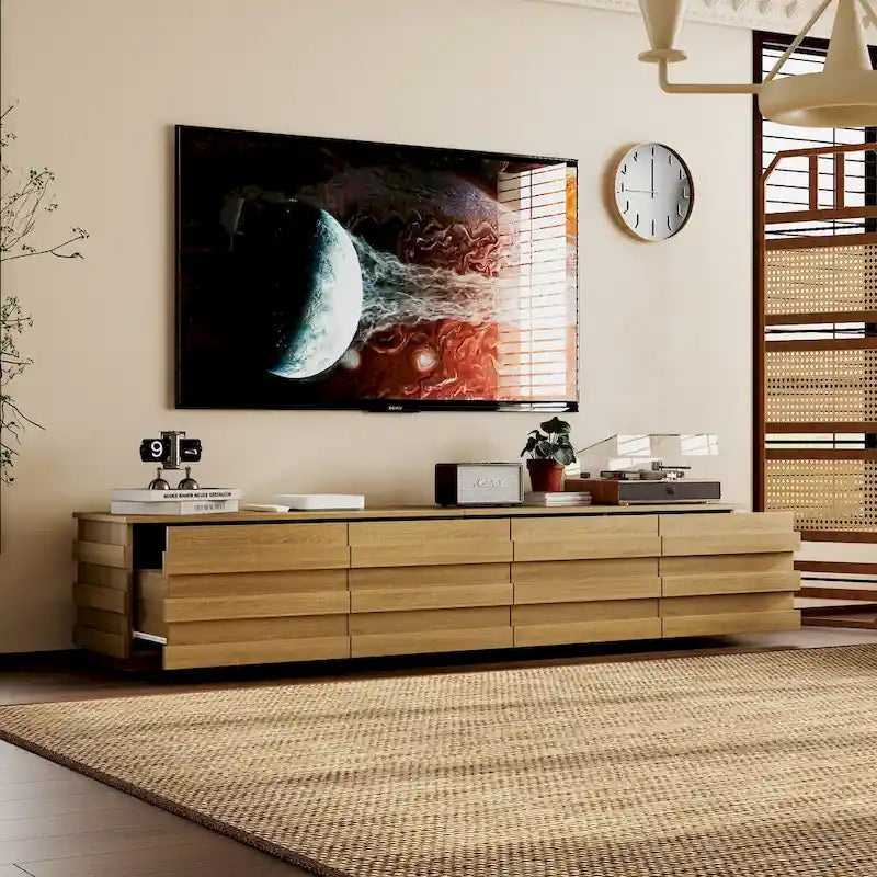 Low Profile TV Stand 8 Drawer Wood Grain Finish Minimalist Entertainment Center