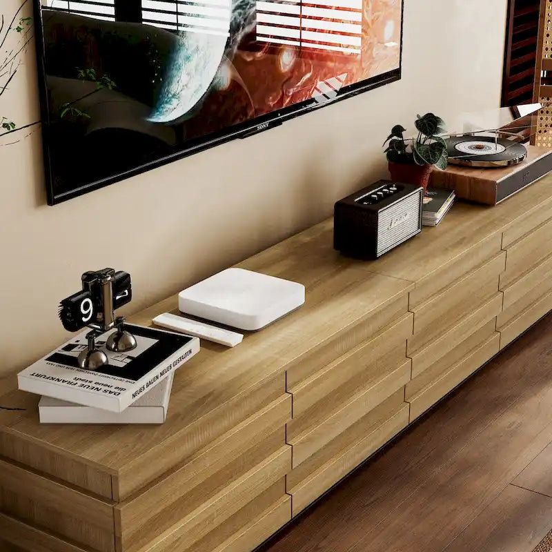 Low Profile TV Stand 8 Drawer Wood Grain Finish Minimalist Entertainment Center