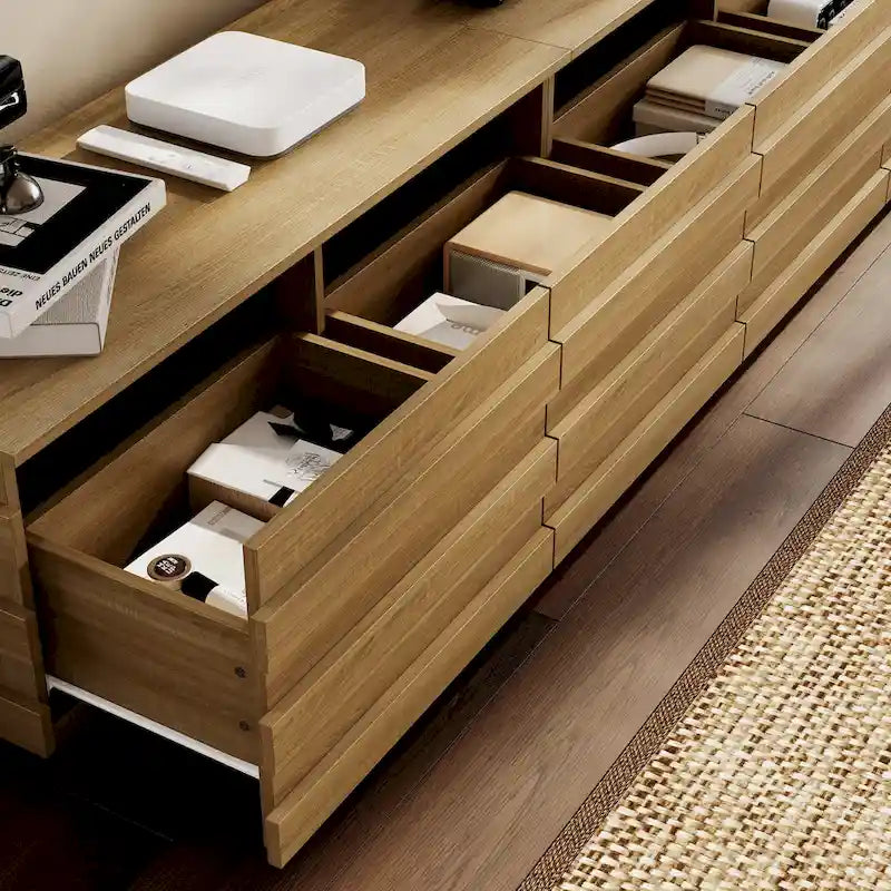 Low Profile TV Stand 8 Drawer Wood Grain Finish Minimalist Entertainment Center