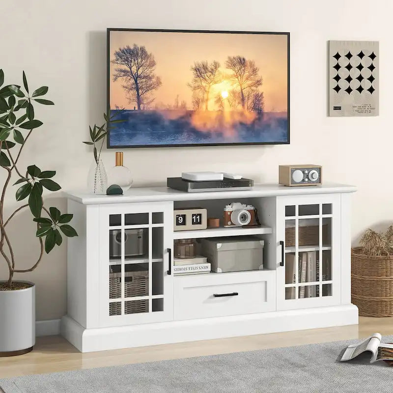 Gymax Farmhouse TV Stand for TVs up to 70 Media Center w/Glass Doors