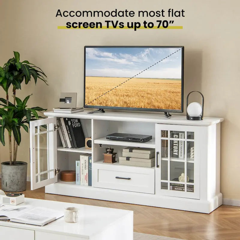 Gymax Farmhouse TV Stand for TVs up to 70 Media Center w/Glass Doors