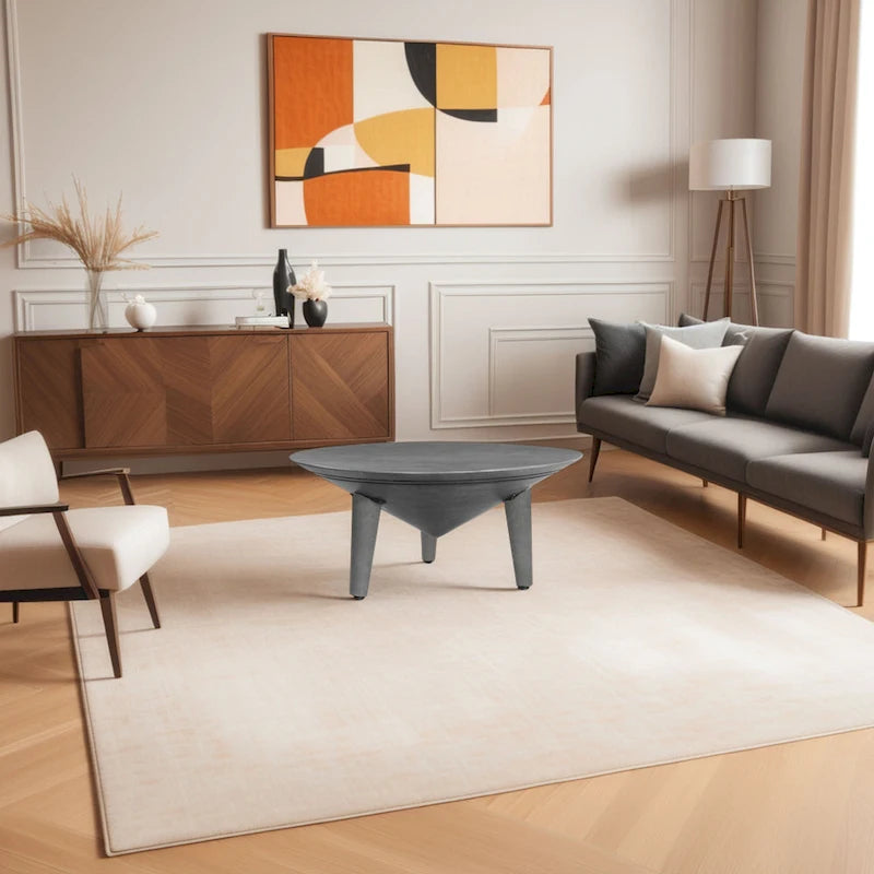 Venus 28 Inch Coffee Table with 3 Tapered Splayed Legs, Gray Mango Wood