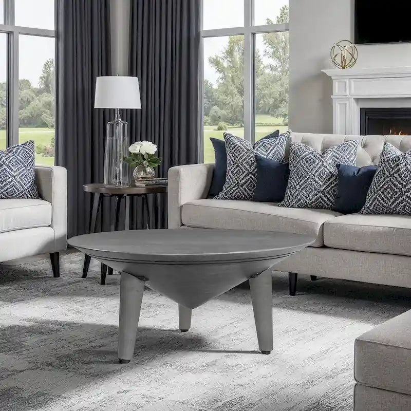 Round Gray Mango Wood Coffee Table with Three Tapered Splayed Legs
