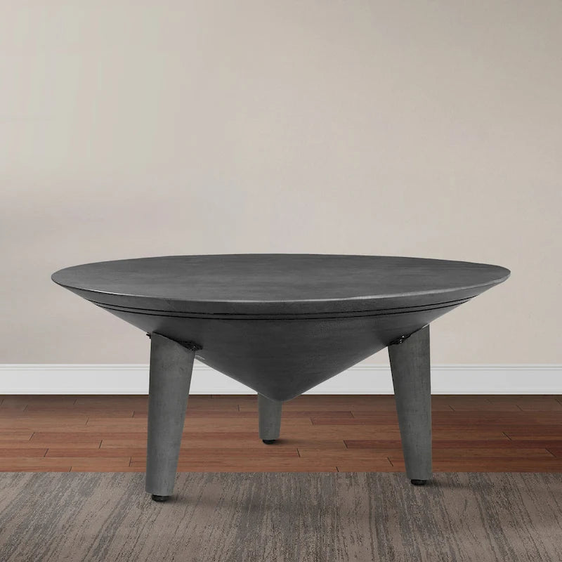 Round Gray Mango Wood Coffee Table with Three Tapered Splayed Legs