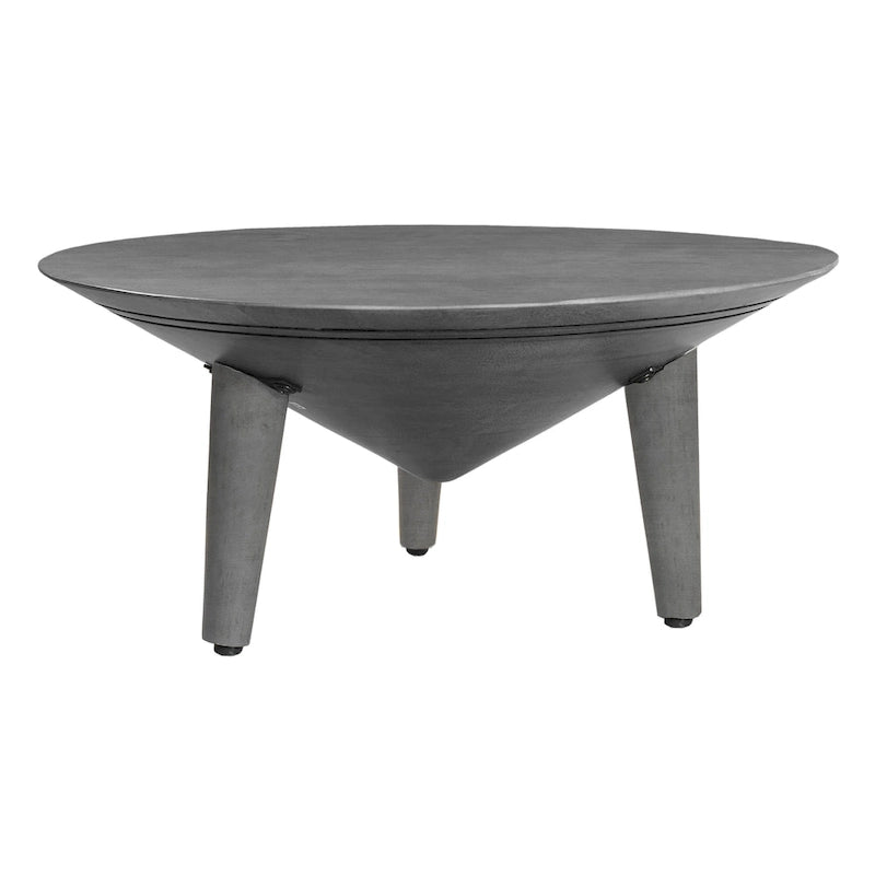 Round Gray Mango Wood Coffee Table with Three Tapered Splayed Legs