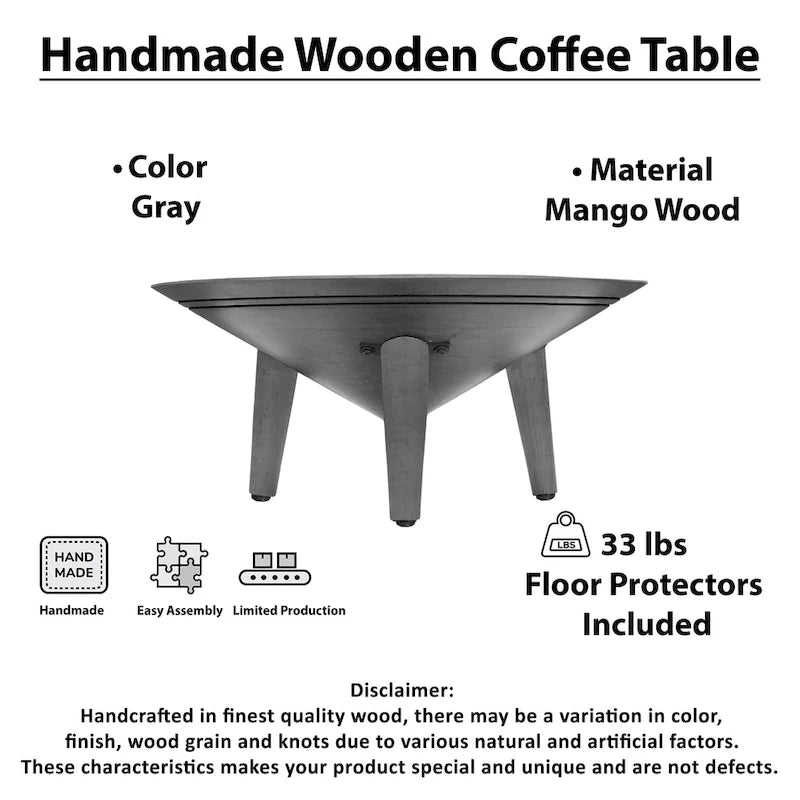 Round Gray Mango Wood Coffee Table with Three Tapered Splayed Legs