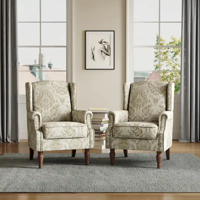 Wingback Accent Armchair Set of 2 Nailhead Trim Turned Wood Legs 10 Colors