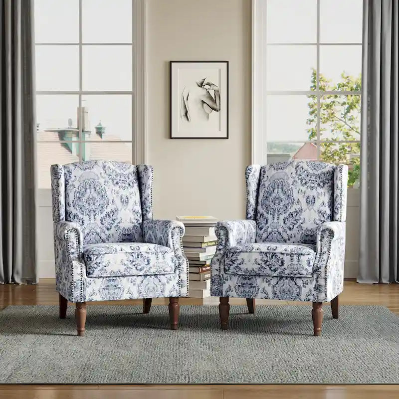 Wingback Accent Armchair Set of 2 Nailhead Trim Turned Wood Legs 10 Colors