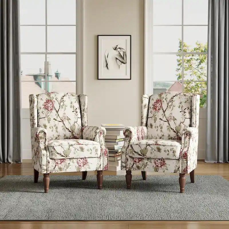 Wingback Accent Armchair Set of 2 Nailhead Trim Turned Wood Legs 10 Colors