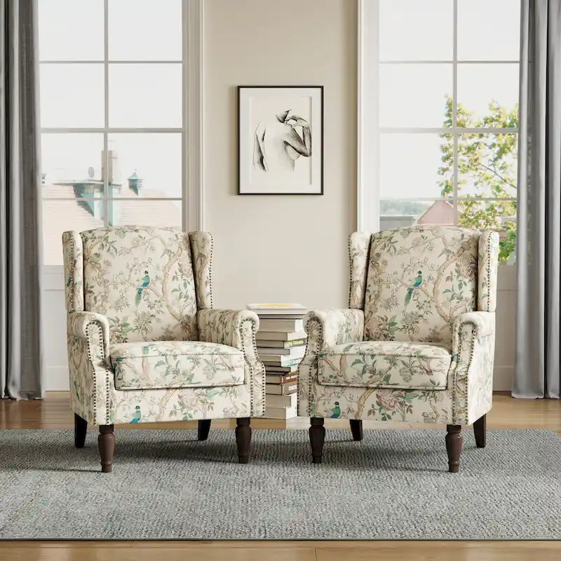 Wingback Accent Armchair Set of 2 Nailhead Trim Turned Wood Legs 10 Colors