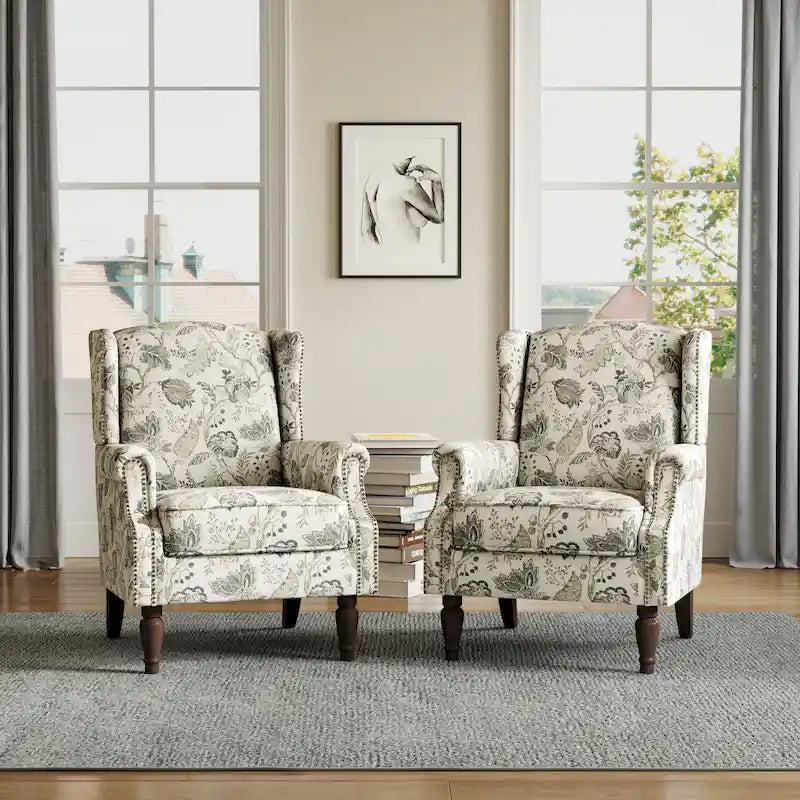 Wingback Accent Armchair Set of 2 Nailhead Trim Turned Wood Legs 10 Colors