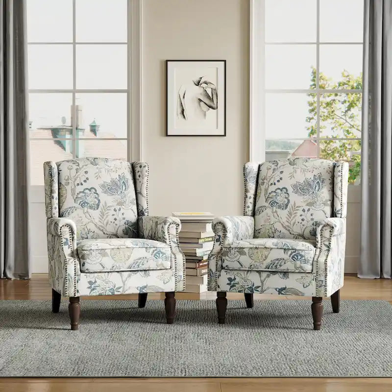 Wingback Accent Armchair Set of 2 Nailhead Trim Turned Wood Legs 10 Colors