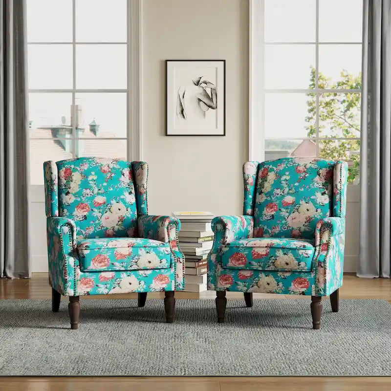 Wingback Accent Armchair Set of 2 Nailhead Trim Turned Wood Legs 10 Colors