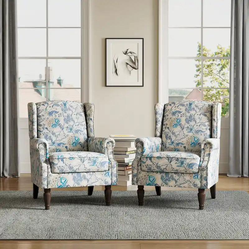 Wingback Accent Armchair Set of 2 Nailhead Trim Turned Wood Legs 10 Colors