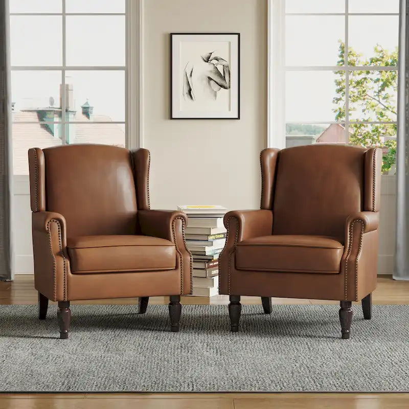 Wingback Accent Armchair Set of 2 Nailhead Trim Turned Wood Legs 10 Colors