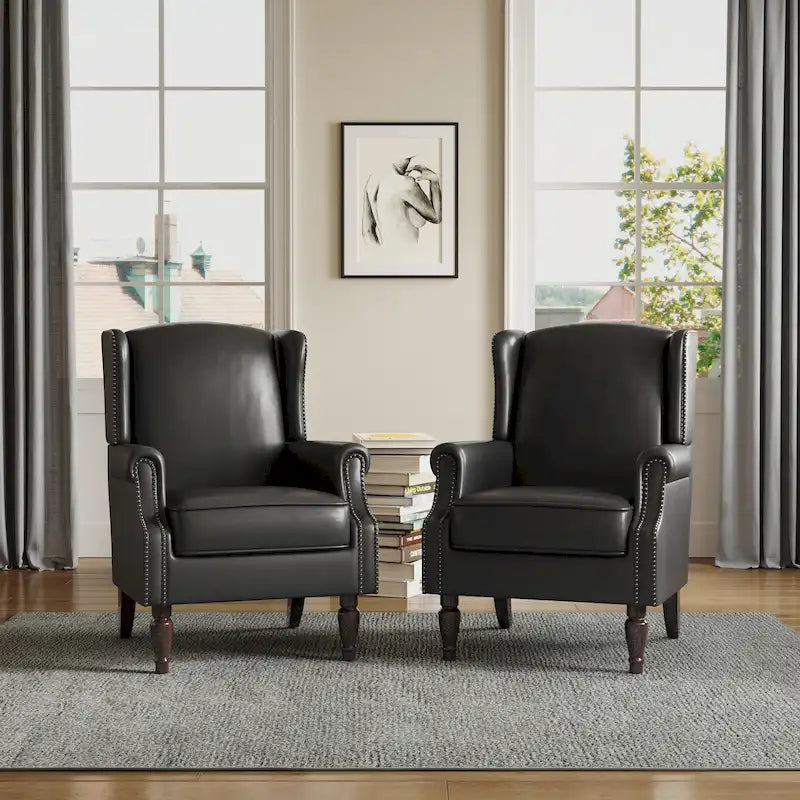 Wingback Accent Armchair Set of 2 Nailhead Trim Turned Wood Legs 10 Colors