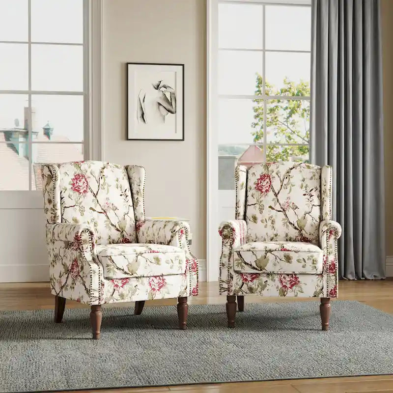 Wingback Accent Armchair Set of 2 Nailhead Trim Turned Wood Legs 10 Colors
