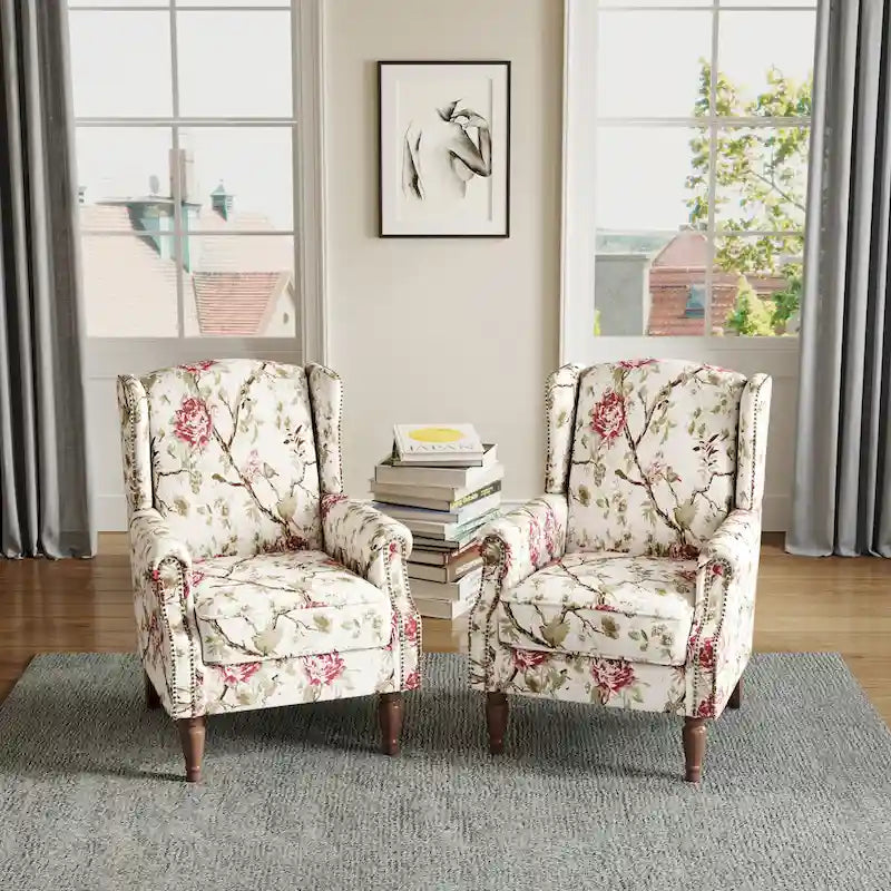 Wingback Accent Armchair Set of 2 Nailhead Trim Turned Wood Legs 10 Colors