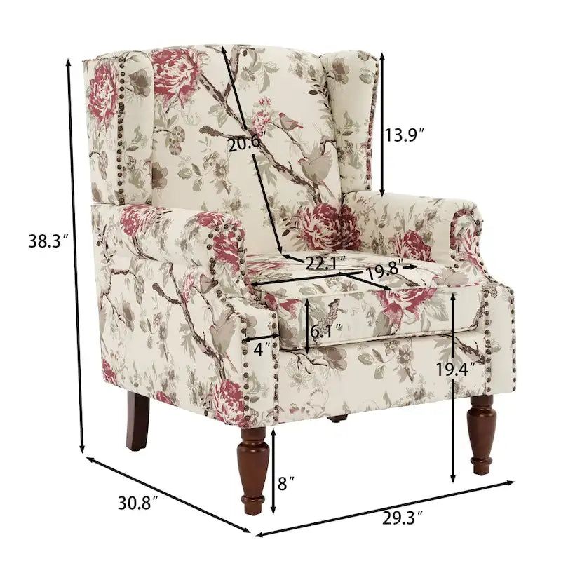 Wingback Accent Armchair Set of 2 Nailhead Trim Turned Wood Legs 10 Colors