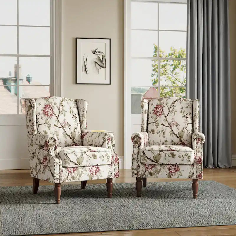 Wingback Accent Armchair Set of 2 Nailhead Trim Turned Wood Legs 10 Colors
