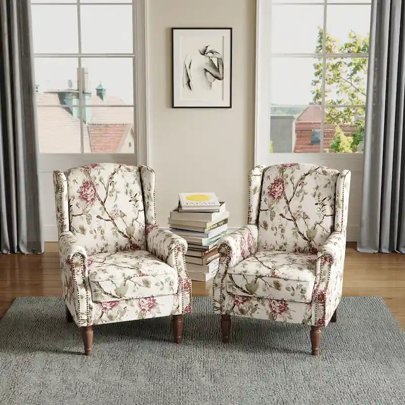 Wingback Accent Armchair Set of 2 Nailhead Trim Turned Wood Legs 10 Colors