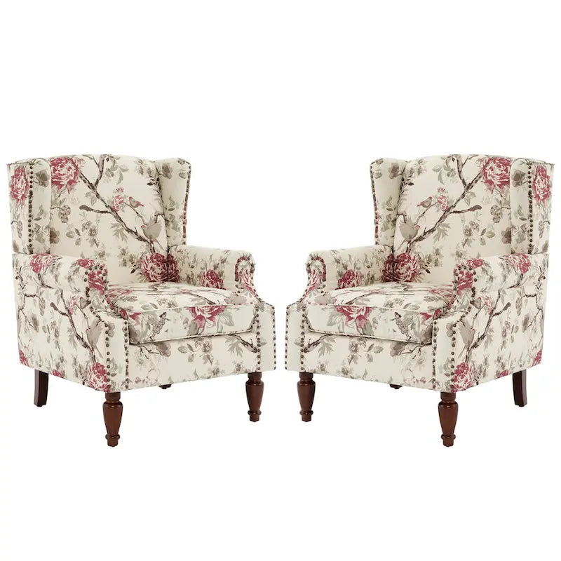 Wingback Accent Armchair Set of 2 Nailhead Trim Turned Wood Legs 10 Colors