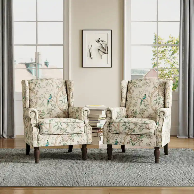 Wingback Accent Armchair Set of 2 Nailhead Trim Turned Wood Legs 10 Colors