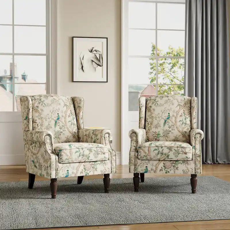 Wingback Accent Armchair Set of 2 Nailhead Trim Turned Wood Legs 10 Colors