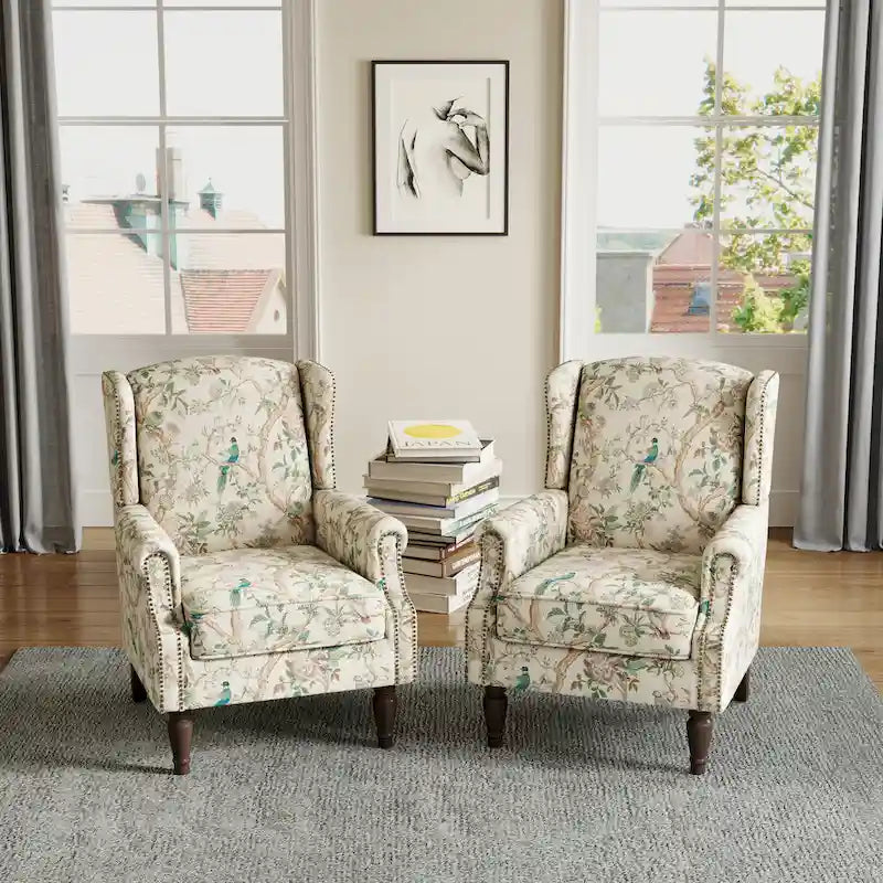 Wingback Accent Armchair Set of 2 Nailhead Trim Turned Wood Legs 10 Colors