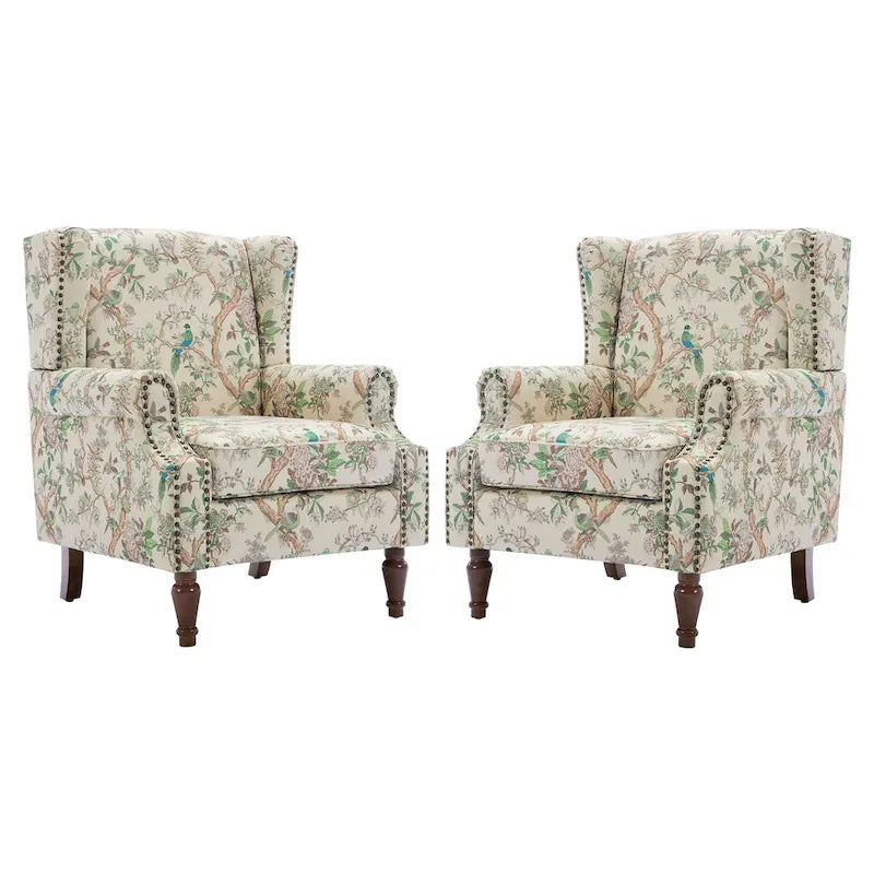 Wingback Accent Armchair Set of 2 Nailhead Trim Turned Wood Legs 10 Colors