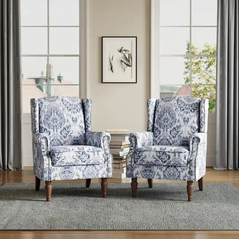 Wingback Accent Armchair Set of 2 Nailhead Trim Turned Wood Legs 10 Colors
