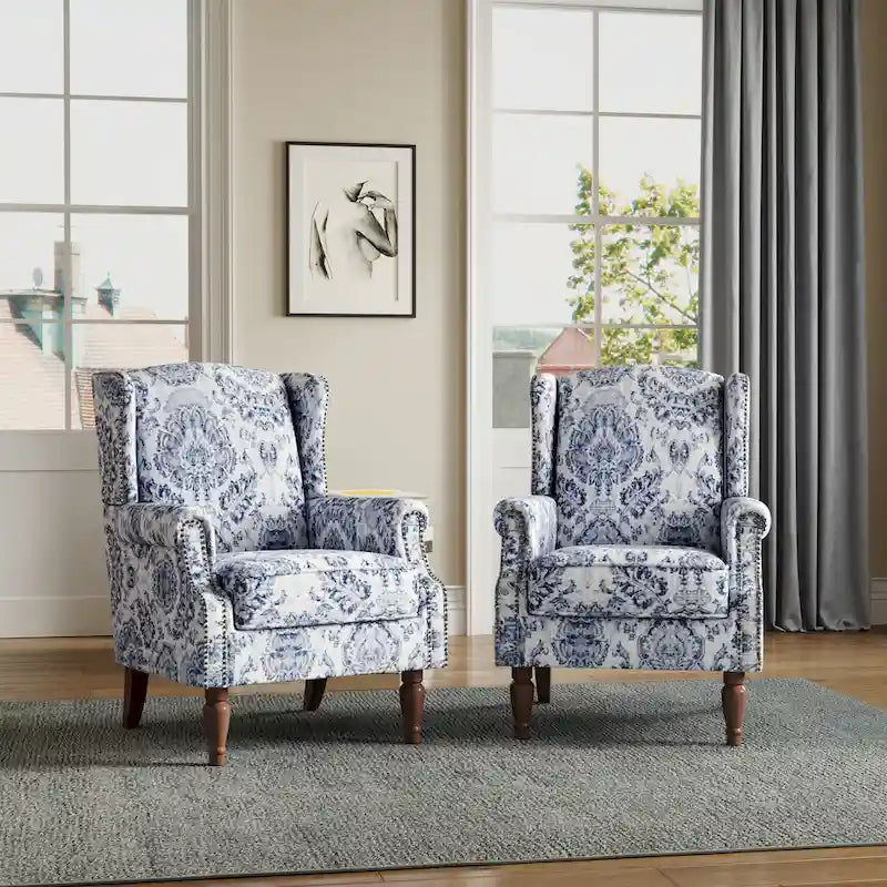 Wingback Accent Armchair Set of 2 Nailhead Trim Turned Wood Legs 10 Colors