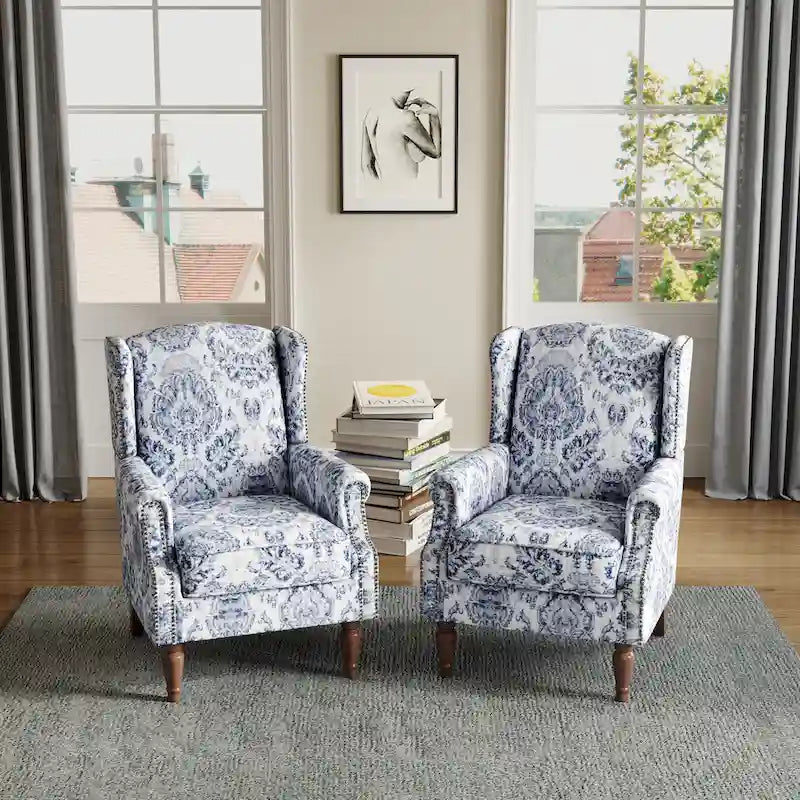 Wingback Accent Armchair Set of 2 Nailhead Trim Turned Wood Legs 10 Colors
